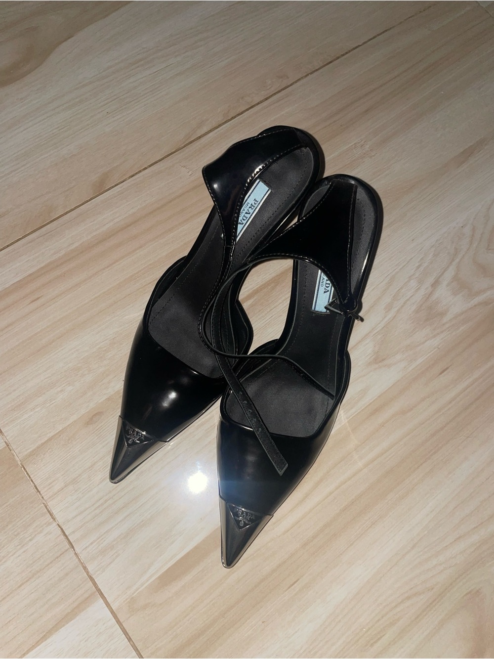 Prada Black - Metal Pointed-Toe - Ankle-Strap Pumps with Logo Cap